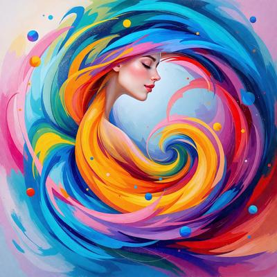 The primary subject of the image is a woman with long, colorful hair. She is the main focus of the image, and her hair is the most prominent feature. The setting is a colorful, swirling background that complements the woman's hair. The visual style is a combination of digital art and illustration, creating a vibrant and dynamic scene. The colors and mood of the image are predominantly bright and lively, with the woman's hair being the center of attention and the swirling background